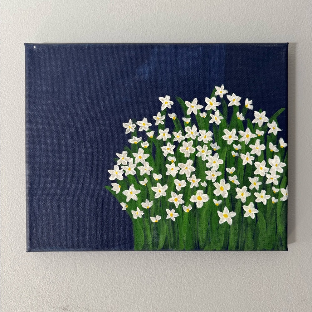 8x10in Hand-painted White Daisies Navy Blue Canvas Painting